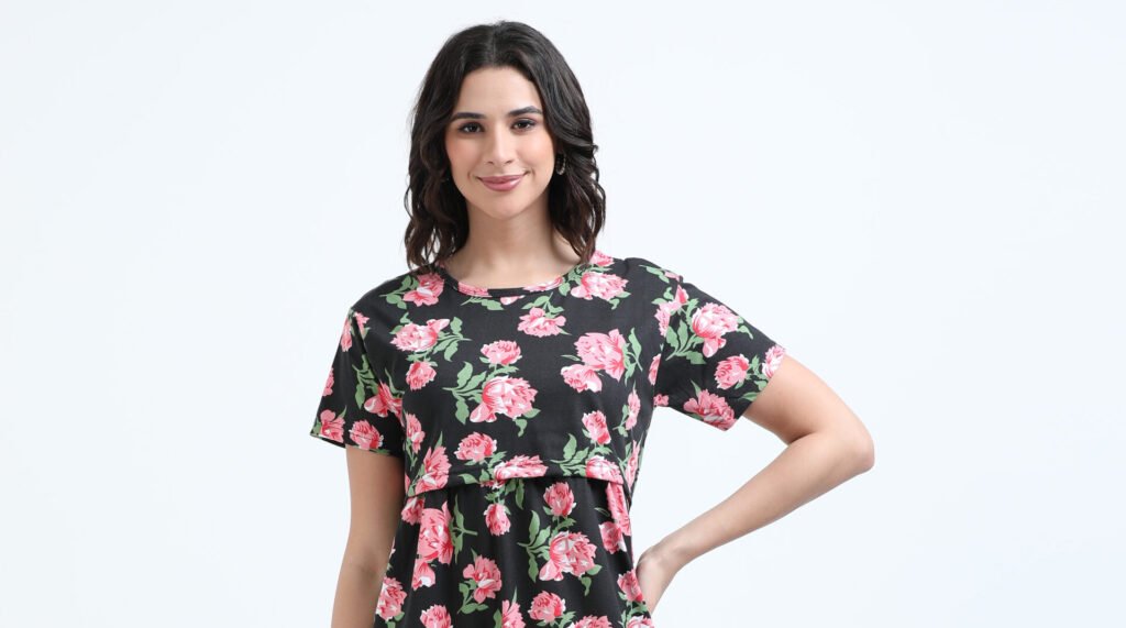 Elegant Black with Rose Floral Zipless Nursing Dress – Designed for Modern Moms