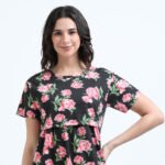 Elegant Black with Rose Floral Zipless Nursing Dress – Designed for Modern Moms