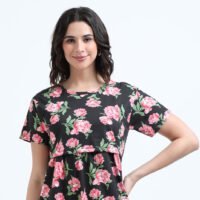 Elegant Black with Rose Floral Zipless Nursing Dress – Designed for Modern Moms