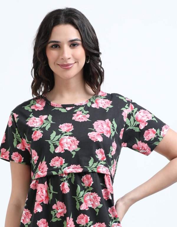 Elegant Black with Rose Floral Zipless Nursing Dress – Designed for Modern Moms