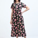 Elegant Black with Rose Floral Zipless Nursing Dress – Designed for Modern Moms