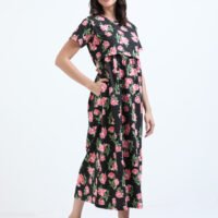 Elegant Black with Rose Floral Zipless Nursing Dress – Designed for Modern Moms