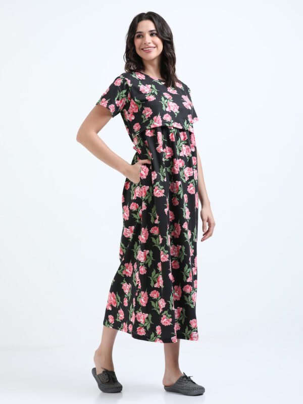 Elegant Black with Rose Floral Zipless Nursing Dress – Designed for Modern Moms