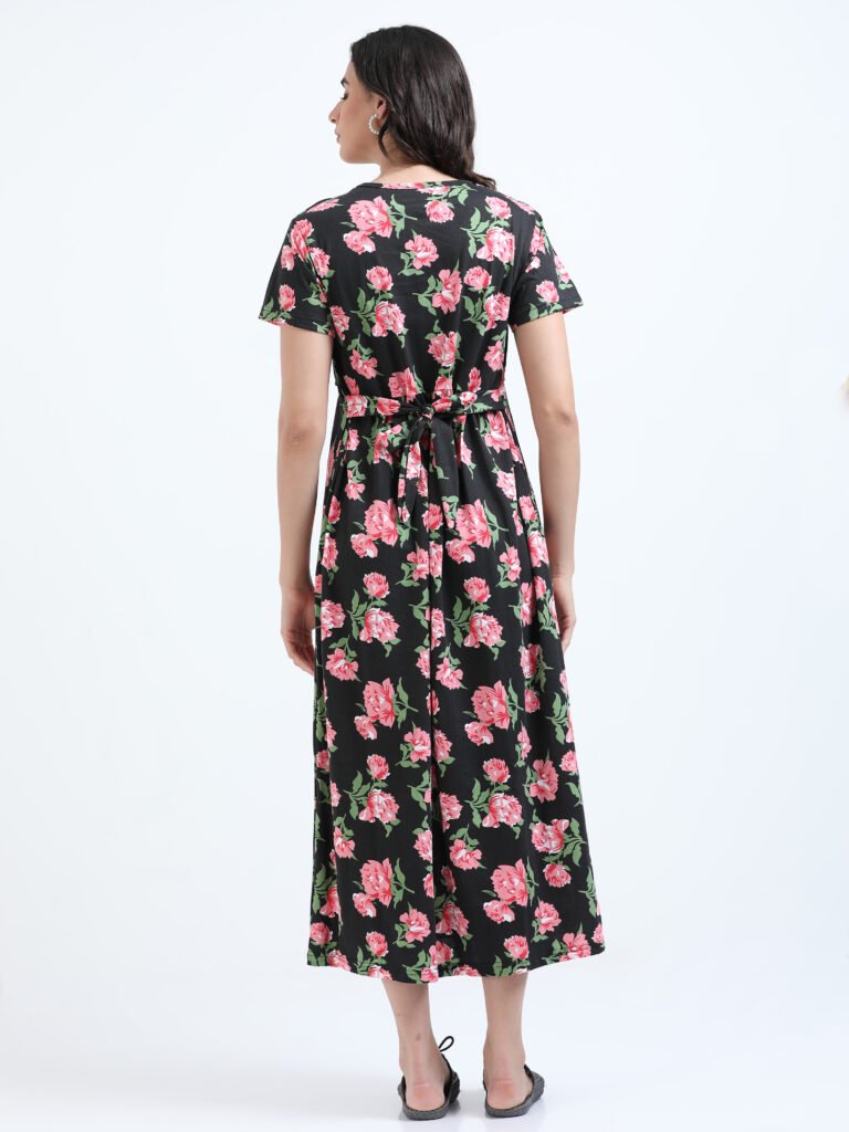 Elegant Black with Rose Floral Zipless Nursing Dress – Designed for Modern Moms