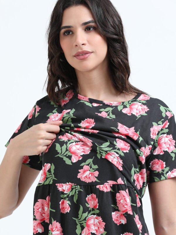 Elegant Black with Rose Floral Zipless Nursing Dress – Designed for Modern Moms