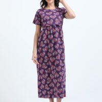 Zipless Maternity & Nursing Maxi Dress – Violet Floral Print | Soft, Stylish & Easy Feeding Access