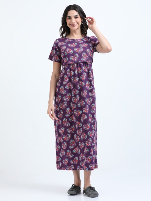 Zipless Maternity & Nursing Maxi Dress – Violet Floral Print | Soft, Stylish & Easy Feeding Access
