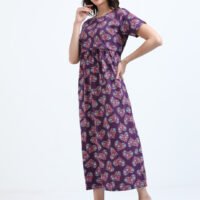 Zipless Maternity & Nursing Maxi Dress – Violet Floral Print | Soft, Stylish & Easy Feeding Access