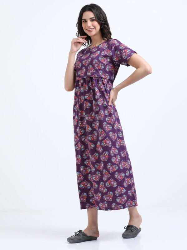 Zipless Maternity & Nursing Maxi Dress – Violet Floral Print | Soft, Stylish & Easy Feeding Access