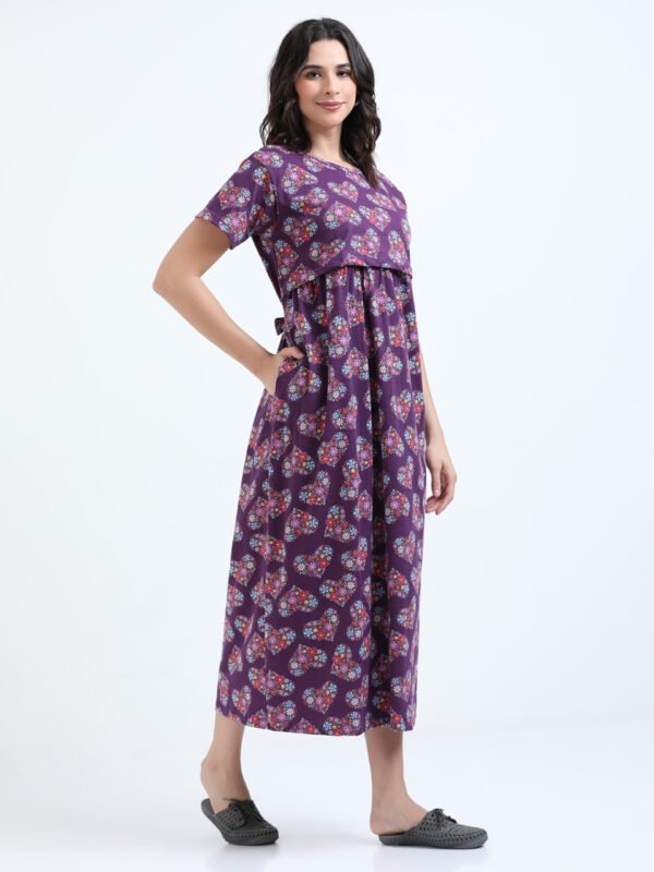 Zipless Maternity & Nursing Maxi Dress – Violet Floral Print | Soft, Stylish & Easy Feeding Access