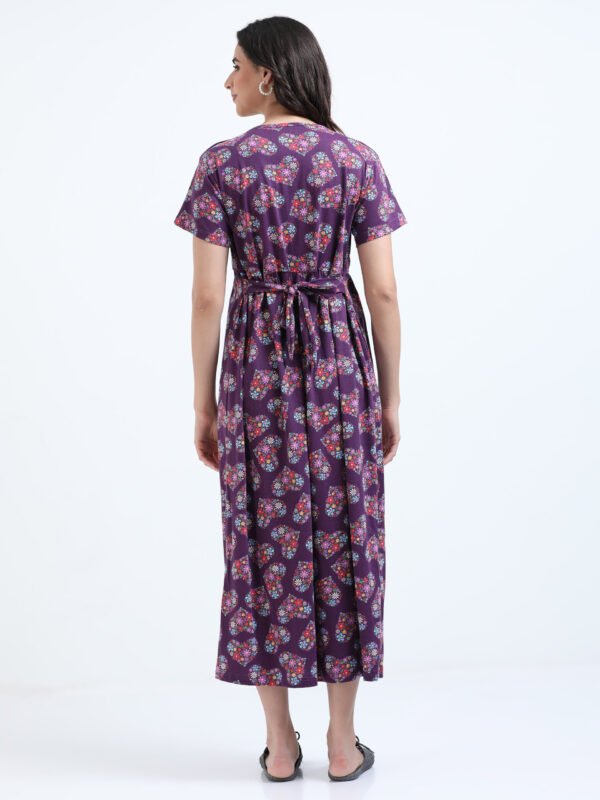 Zipless Maternity & Nursing Maxi Dress – Violet Floral Print | Soft, Stylish & Easy Feeding Access