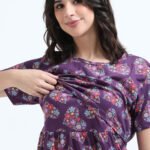 Zipless Maternity & Nursing Maxi Dress – Violet Floral Print | Soft, Stylish & Easy Feeding Access