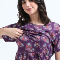 Zipless Maternity & Nursing Maxi Dress – Violet Floral Print | Soft, Stylish & Easy Feeding Access