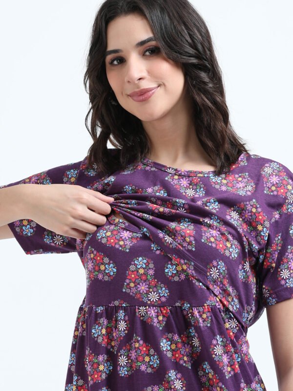 Zipless Maternity & Nursing Maxi Dress – Violet Floral Print | Soft, Stylish & Easy Feeding Access