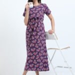 Zipless Maternity & Nursing Maxi Dress – Violet Floral Print | Soft, Stylish & Easy Feeding Access