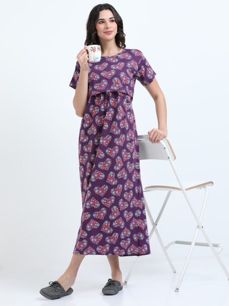 Zipless Maternity & Nursing Maxi Dress – Violet Floral Print | Soft, Stylish & Easy Feeding Access