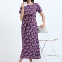 Zipless Maternity & Nursing Maxi Dress – Violet Floral Print | Soft, Stylish & Easy Feeding Access