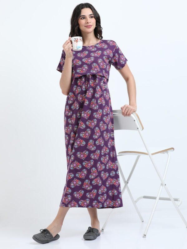 Zipless Maternity & Nursing Maxi Dress – Violet Floral Print | Soft, Stylish & Easy Feeding Access