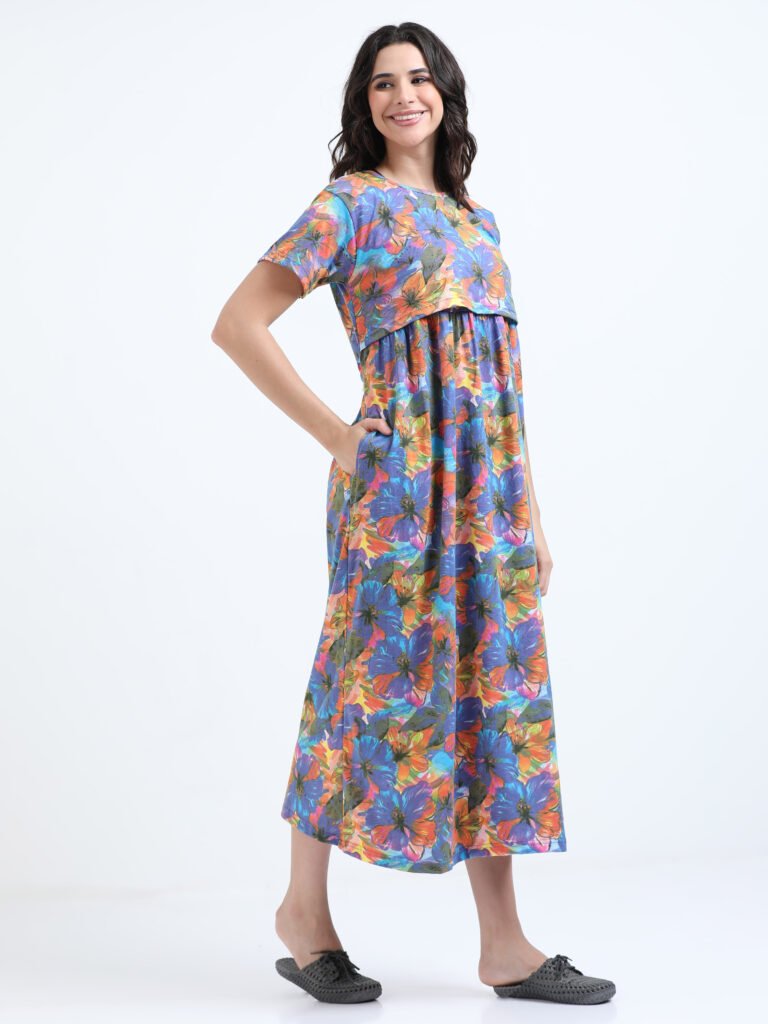 BARBET Women’s Maternity & Feeding Maxi Dress – Multicolor Floral Print