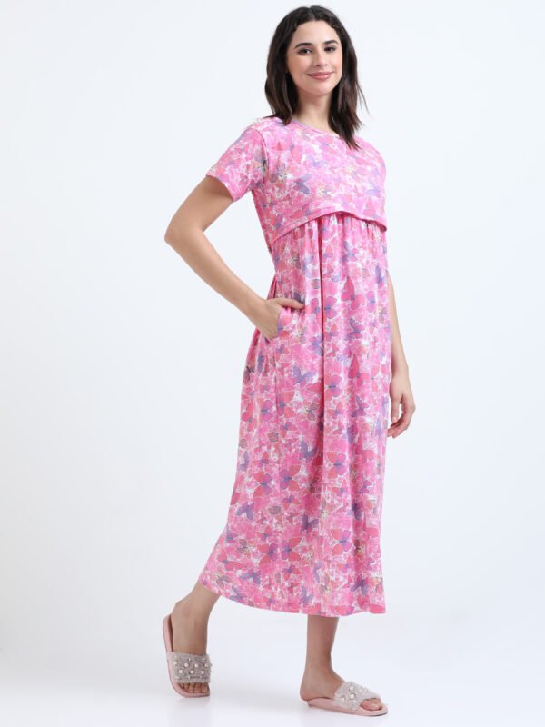 Soft Cotton Feeding Night Dress, Butterfly Print, Comfortable Nursing Nightwear