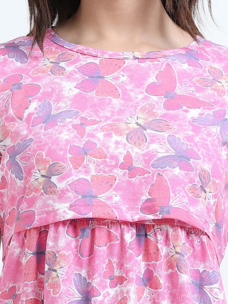 Soft Cotton Feeding Night Dress, Butterfly Print, Comfortable Nursing Nightwear