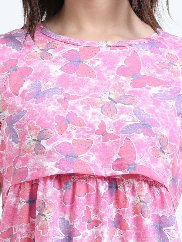 Soft Cotton Feeding Night Dress, Butterfly Print, Comfortable Nursing Nightwear