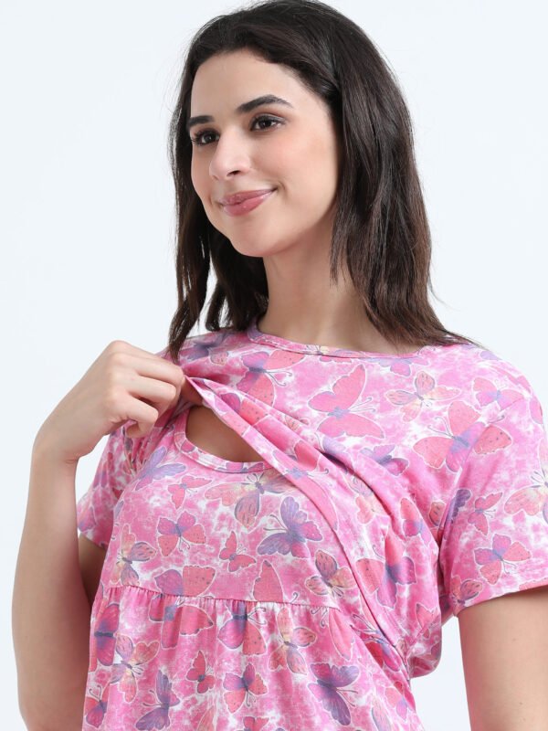 Soft Cotton Feeding Night Dress, Butterfly Print, Comfortable Nursing Nightwear
