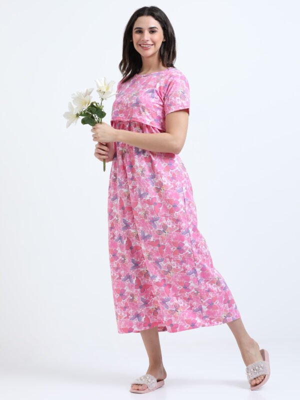 Soft Cotton Feeding Night Dress, Butterfly Print, Comfortable Nursing Nightwear
