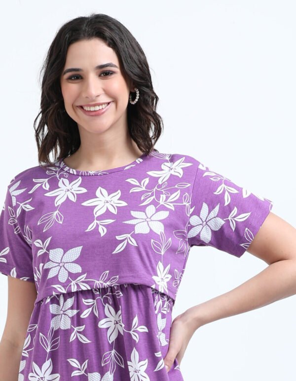 White Floral Printed Zipless Maternity & Nursing Dress | Soft Stretch Fabric with Easy Lift-Up Feeding Access