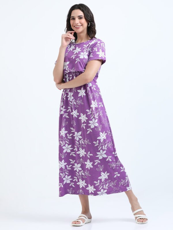 White Floral Printed Zipless Maternity & Nursing Dress | Soft Stretch Fabric with Easy Lift-Up Feeding Access