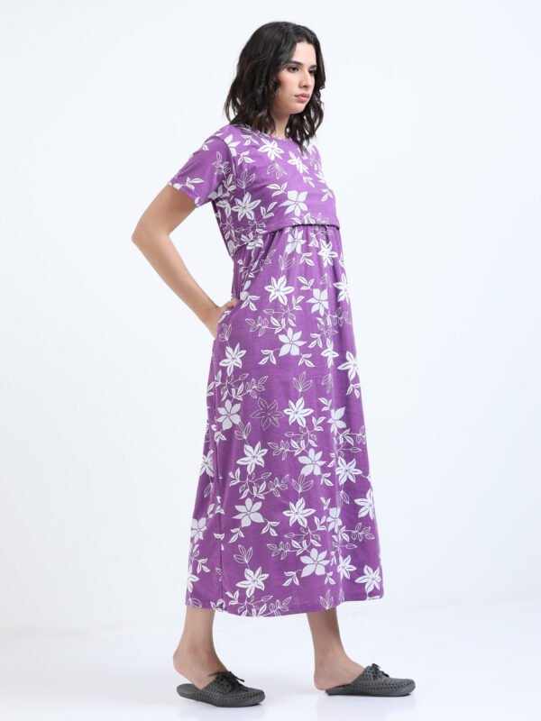 White Floral Printed Zipless Maternity & Nursing Dress | Soft Stretch Fabric with Easy Lift-Up Feeding Access