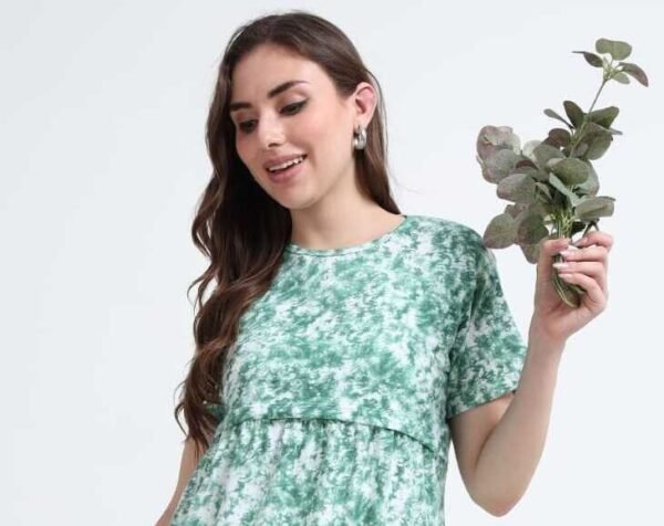 Green Leaf Print Zipless Maternity & Nursing Maxi Dress – Comfortable Feeding Wear for Moms