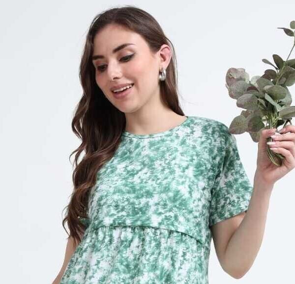 GREEN D&D 2 CUT Green Leaf Print Zipless Maternity & Nursing Maxi Dress – Comfortable Feeding Wear for Moms