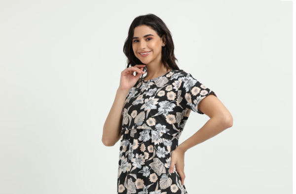Black flower Zipless Maternity Feeding Dress - Comfort & Style for Moms