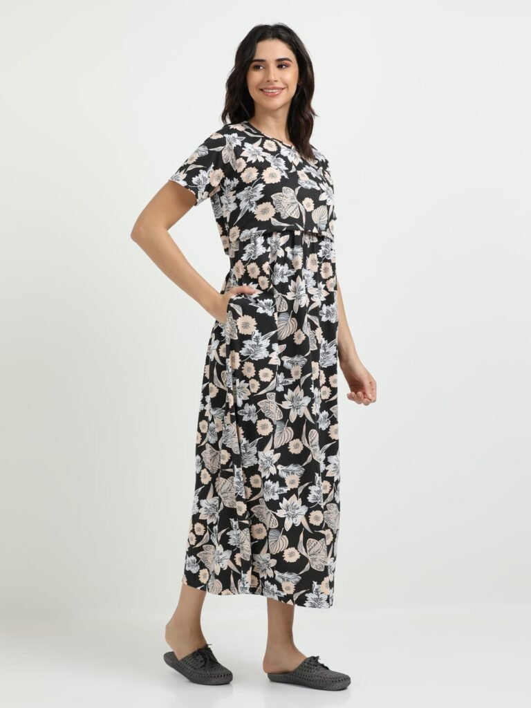 Black flower Zipless Maternity Feeding Dress – Comfort & Style for Moms