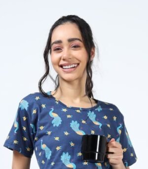 Peacock Print Zipless Maternity Feeding Dress – Comfort & Style for Moms