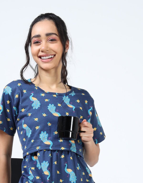 Peacock Print Zipless Maternity Feeding Dress – Comfort & Style for Moms