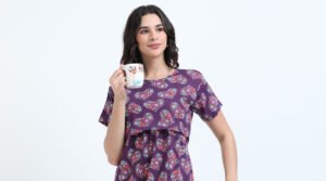 Zipless Maternity & Nursing Maxi Dress – Violet Floral Print | Soft, Stylish & Easy Feeding Access