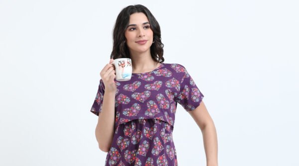 Zipless Maternity & Nursing Maxi Dress – Violet Floral Print | Soft, Stylish & Easy Feeding Access