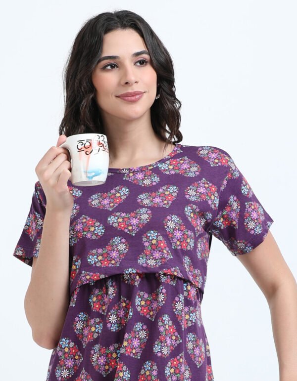Zipless Maternity & Nursing Maxi Dress – Violet Floral Print | Soft, Stylish & Easy Feeding Access