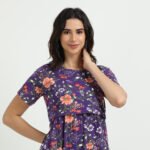Violet Colour Maternity Zipless Dress for Women | Floral Print | Comfortable Pregnancy Wear