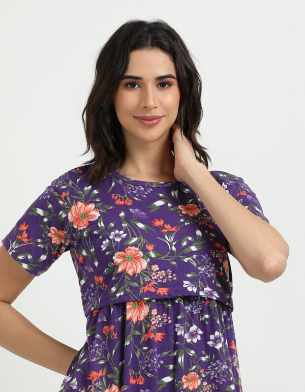 Violet Colour Maternity Zipless Dress for Women | Floral Print | Comfortable Pregnancy Wear