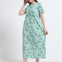 Green Leaf Print Zipless Maternity & Nursing Maxi Dress – Comfortable Feeding Wear for Moms