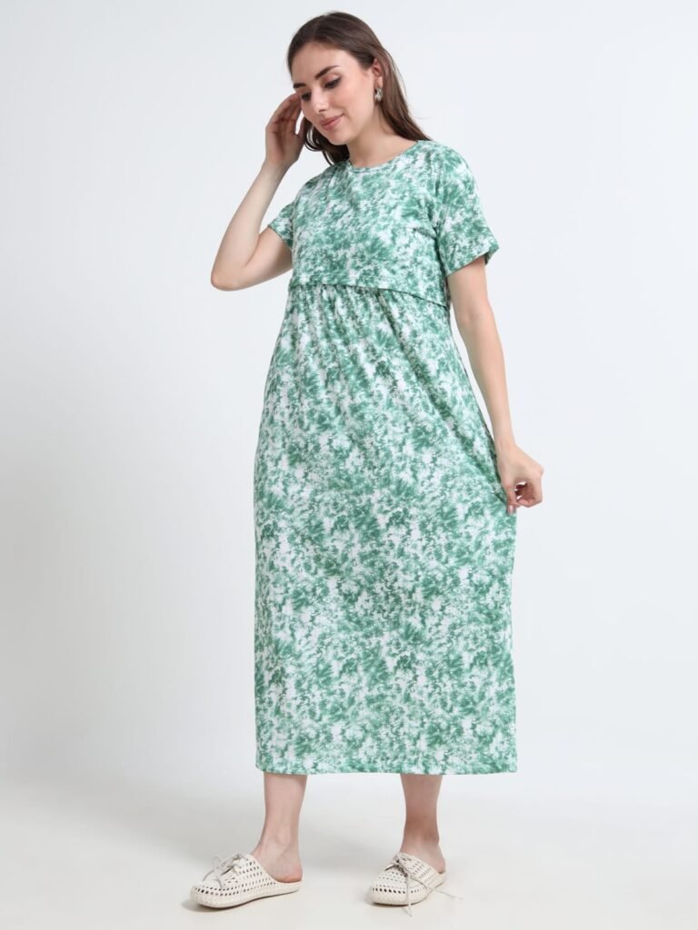 Green Leaf Print Zipless Maternity & Nursing Maxi Dress – Comfortable Feeding Wear for Moms