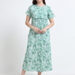 Green Leaf Print Zipless Maternity & Nursing Maxi Dress – Comfortable Feeding Wear for Moms