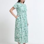 Green Leaf Print Zipless Maternity & Nursing Maxi Dress – Comfortable Feeding Wear for Moms