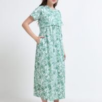 Green Leaf Print Zipless Maternity & Nursing Maxi Dress – Comfortable Feeding Wear for Moms