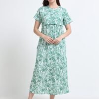 Green Leaf Print Zipless Maternity & Nursing Maxi Dress – Comfortable Feeding Wear for Moms