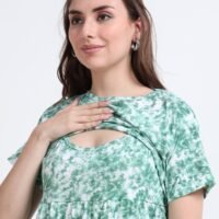 Green Leaf Print Zipless Maternity & Nursing Maxi Dress – Comfortable Feeding Wear for Moms