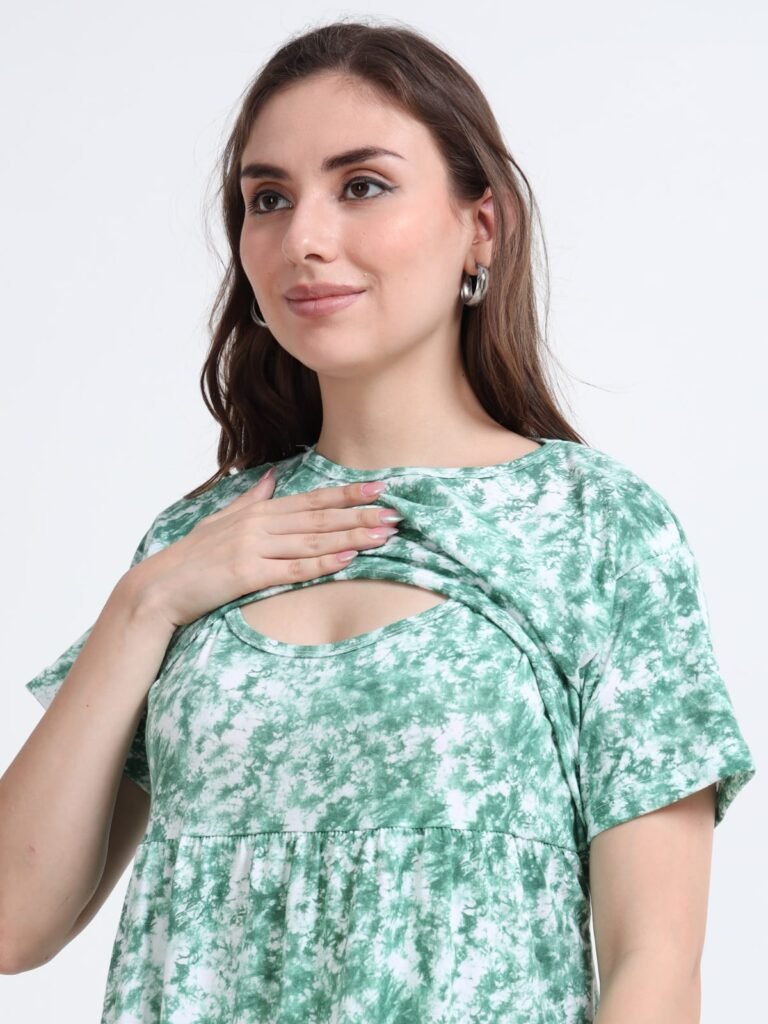 Green Leaf Print Zipless Maternity & Nursing Maxi Dress – Comfortable Feeding Wear for Moms